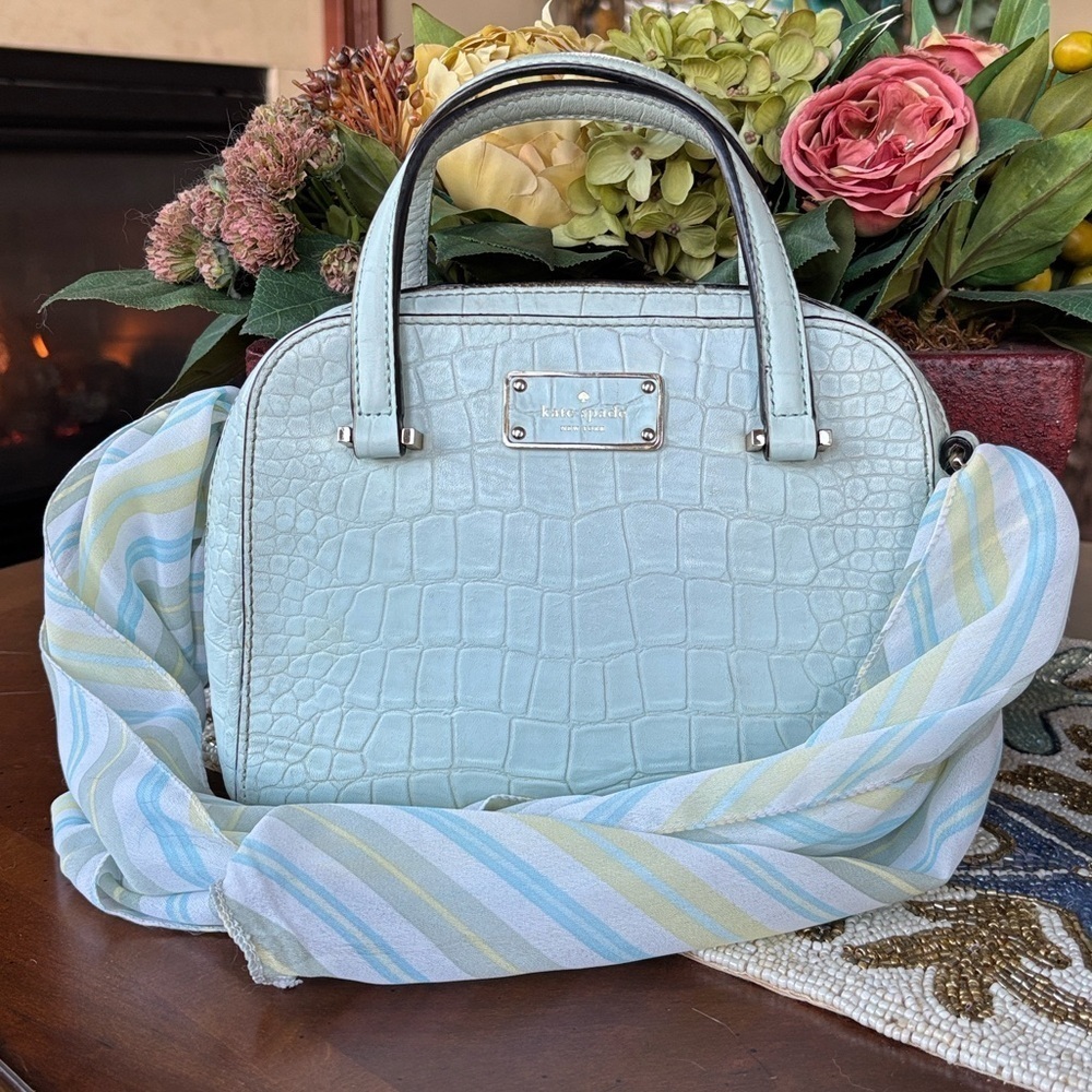 Kate Spade Leather Kay Street Croc Mini Felix Grace Blue Satchel Crossbody Purse